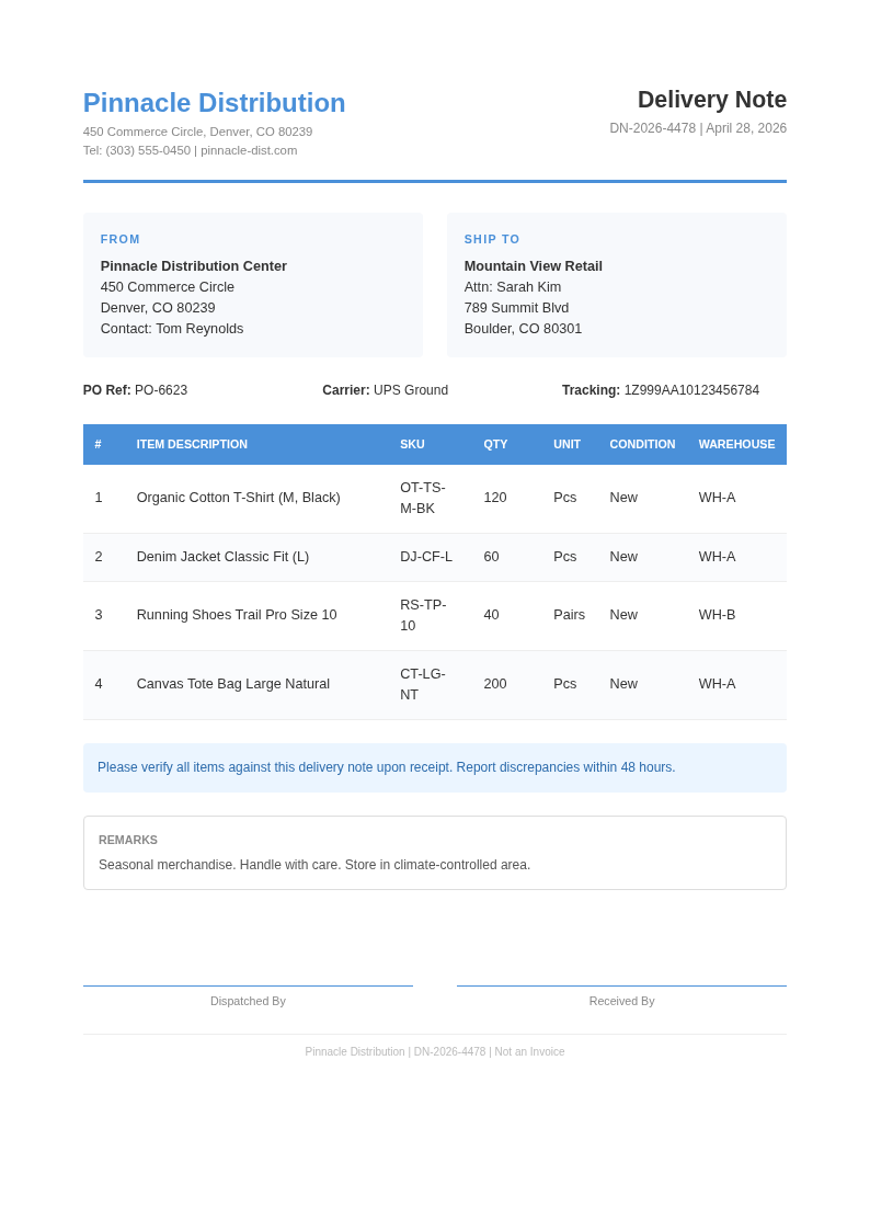 Invoice style clean delivery note